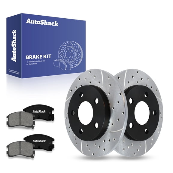 AutoShack 10.63" (269.9 mm) Rear Solid Drilled & Slotted Brake Rotors E-Coated   Premium Ceramic Brake Pads | Replacement for 2010 Chevrolet Impala | 6-PC Brake Kit | ShadowGuard