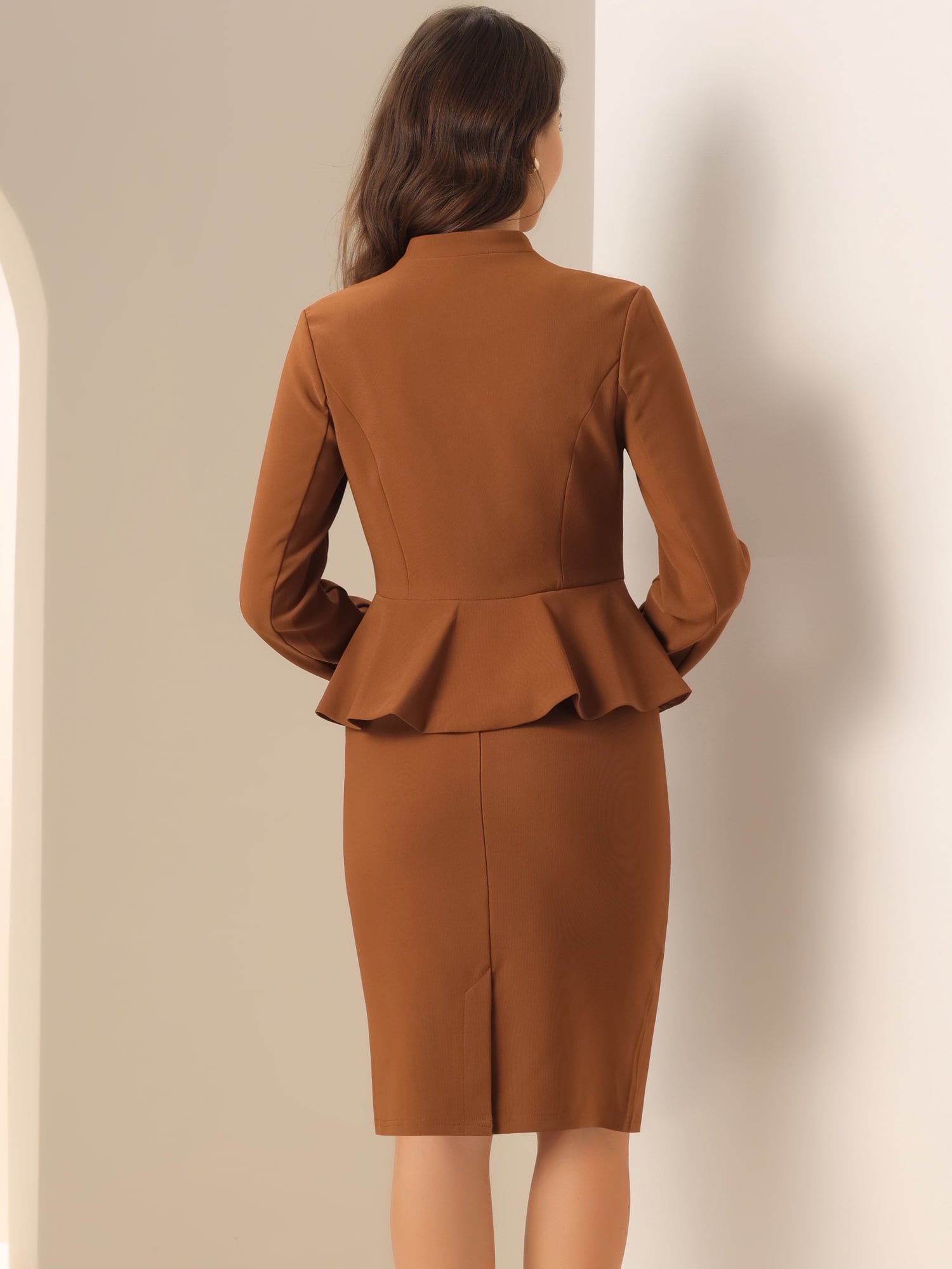 DARING DIVA Women's Collarless Peplum Blazer Sheath Skirts 2 Pcs Suit Set M Brown