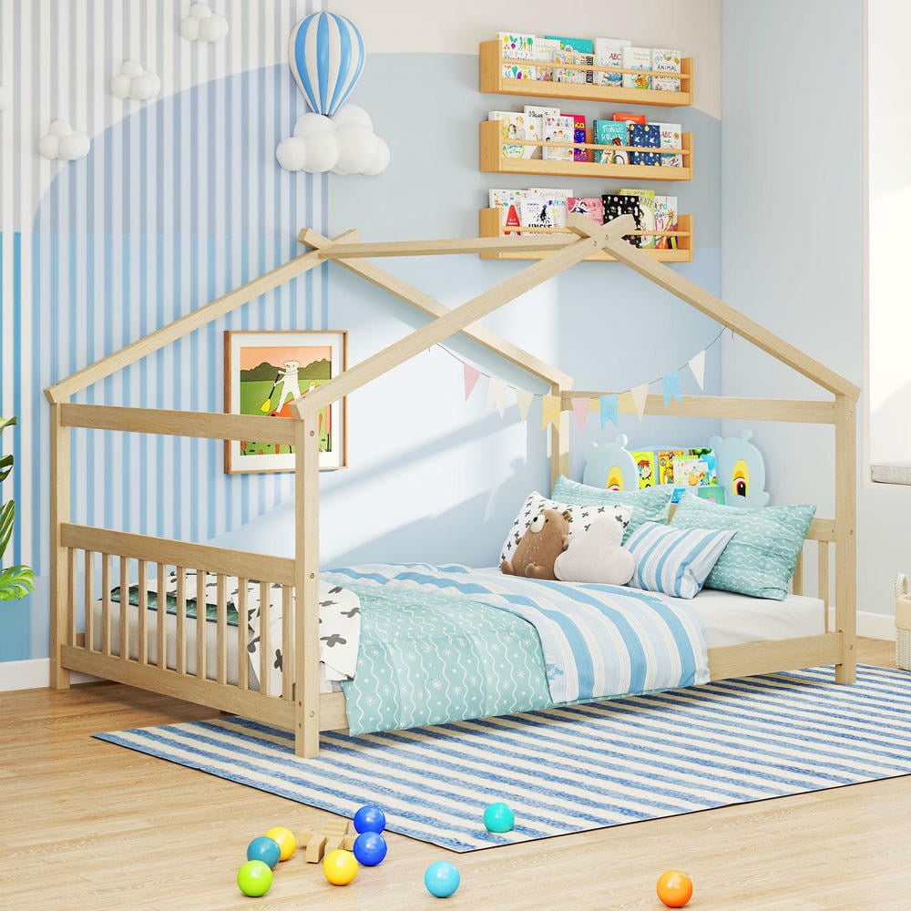 Barara King Full Size House Bedroom Bed Frame with Headboard, Montessori Floor Bed Platform Frame for Apartment, Bedroom, Natural