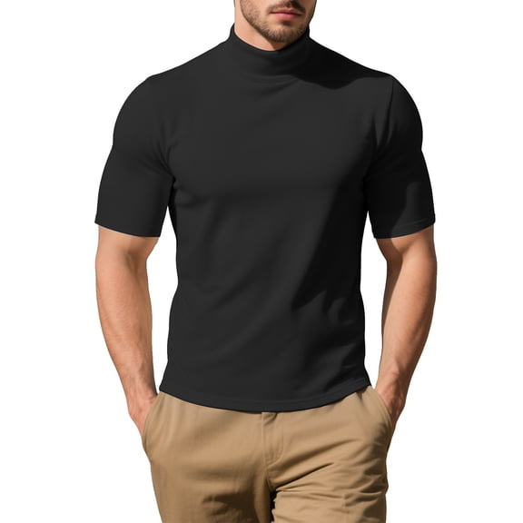 VBVC Men's Plus High-Neck Slim T-Shirt,Breathable Short Sleeve Tee For Men with Pocket,Black,Size XXXL