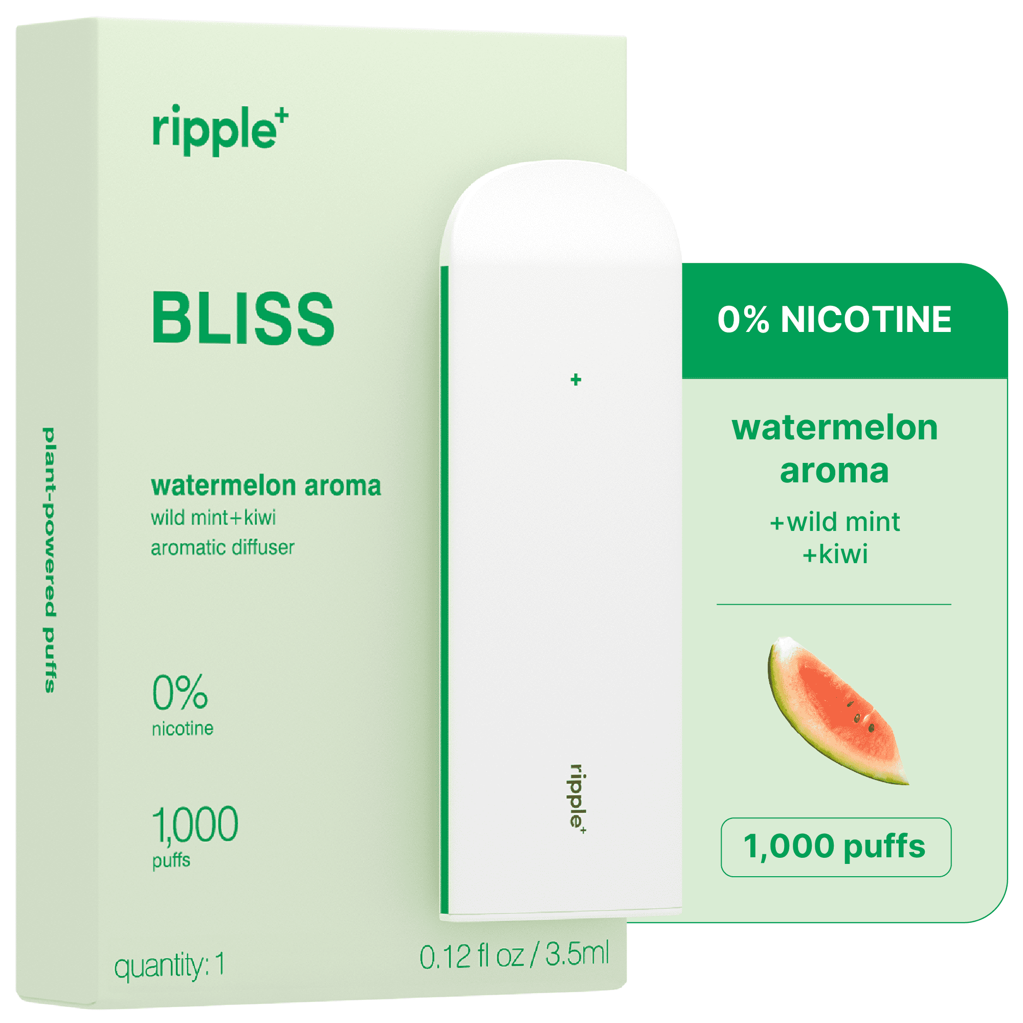 Ripple Watermelon Diffuser - 1,000 Puffs, 0% Nicotine, + Kiwi & Wild Mint, 100% Recyclable