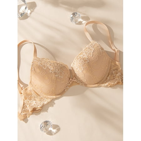Deyllo Women s Lace Push Up Padded Plunge Add Cups Underwire Lift Up Bra  Beige 34DDD