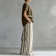 thumbnail image 4 of Textilo Women's 2 Piece Outfit Cotton Linen Striped T-Shirts Pants Outfits Short Sleeve Wide Leg Outfit Loose-Fit Summer Travel Vacation Fashion Activewear,Khaki M, 4 of 5