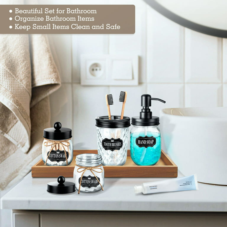 Mason Jar Bathroom Gift Set (4 pcs) - Lotion/Soap Dispenser, Toothbrush  Holder, Q-Tip Storage Jars - Farmhouse Home Decor for Vanity Organization -  Luxury Bathroom Accessories - Stainless Steel 