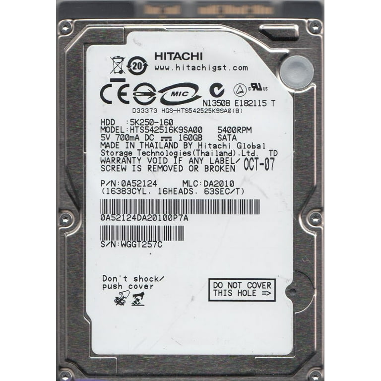 hts542516?K9sa00、PN 0?a52124、MLC da2010、Hitachi 160?GB SATA 2.5ハードドライブ HTS542516K9SA00, PN 0A52124, MLC DA2010, Hitachi 160GB SATA