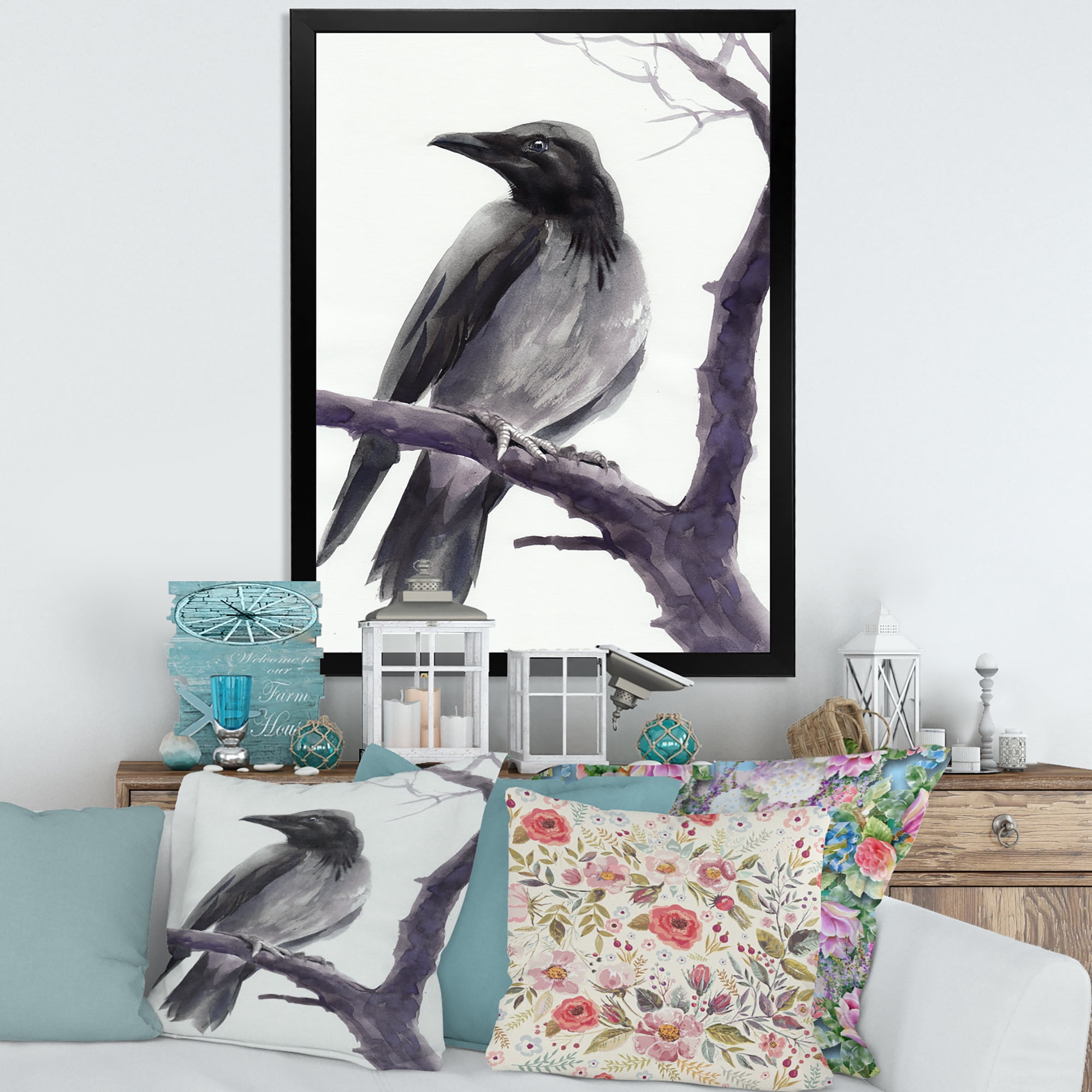 Designart 'Big Crow Sitting On A Branch' Traditional Framed Art Print