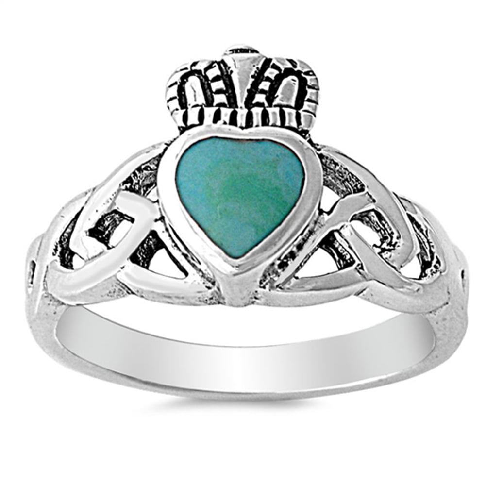 Claddagh Celtic Heart Blue Simulated Opal Ring New 925 Sterling Silver Band Sizes 5-10 