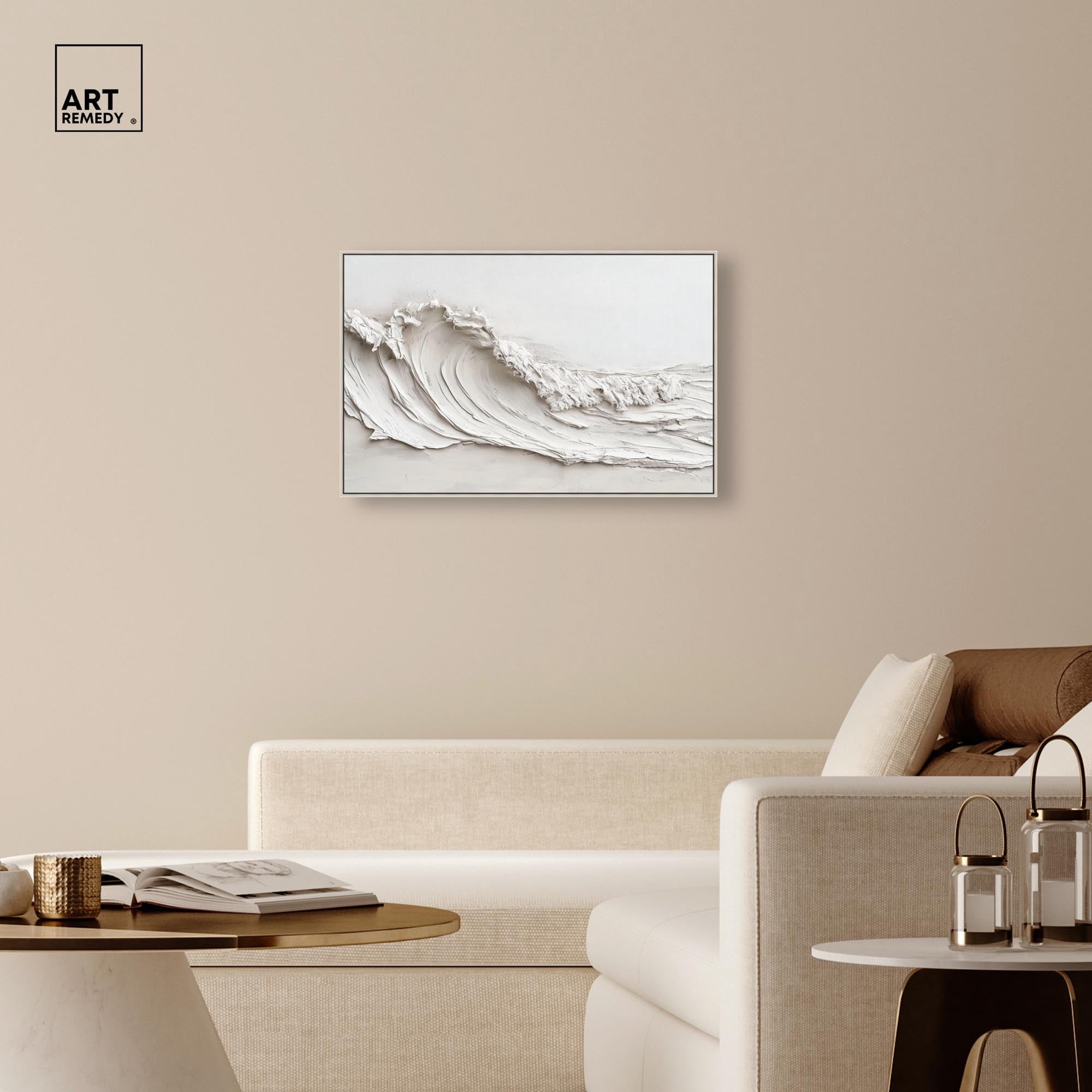 Wave on White Canvas Neutral Boho by Art Remedy, Silver Frame, 36 x 24