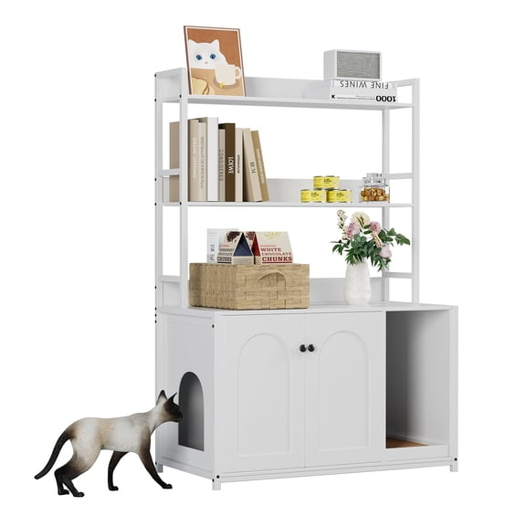 TEQIN 35.2" W Cat Litter Box Enclosure, Hidden Litter Box Enclosure Furniture with 3 Storage Shelves, Wooden Cat House, Large Indoor Cabinet for Living Room & Entryway, Black