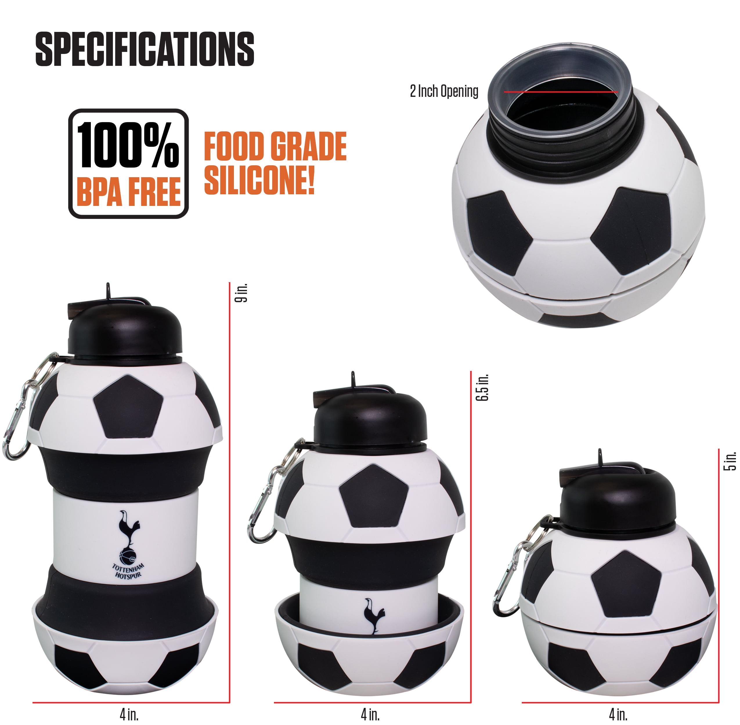 MACCABI ART Tottenham Clip-On Collapsible 1 Liter, 34 oz. size BPA-Free Silicone Soccert Large Water Bottle for Kids