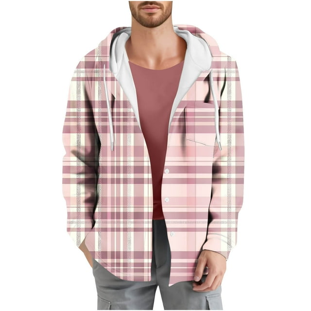 Dvprdro Jackets for Men Check Print Pocket Long Sleeved Pocket Button Hooded Casual