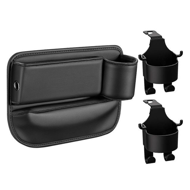 Car Seat Storage Box with 2 Cup Holder Car Seat Gap Organizer Set, Leather Car Seat Storage Box with Water Cup Holder