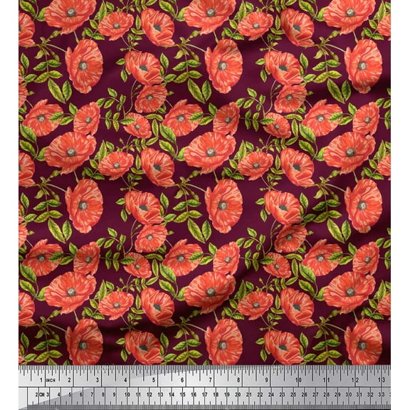 Soimoi Purple Silk Fabric Leaves & Floral Print Fabric by the Yard 42 Inch Wide