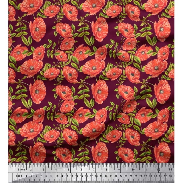 Soimoi Purple Poly Georgette Fabric Leaves & Floral Print Fabric by Yard 52 Inch Wide