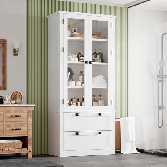 Studyset 71" Tall Kitchen Pantry Cabinet, Kitchen Pantry Cabinet with Glass Doors, Modern Studyset Display Storage Cabinet with 2 Large Drawers, Kitchen Cupboard for Dining Room, Bathroom