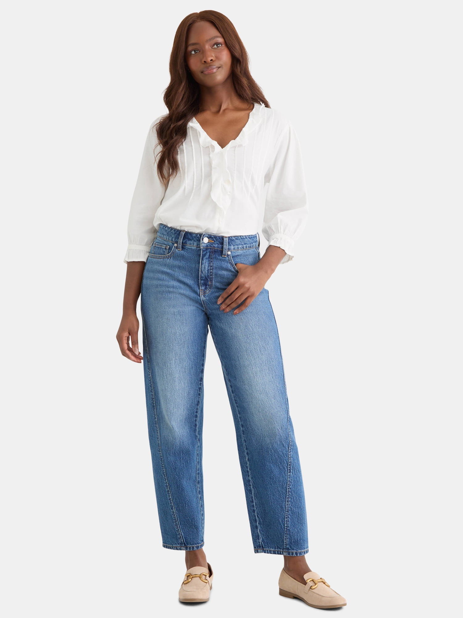 Time and Tru Women's Ruffle Neck Blouse with 3/4-Length Sleeves, Sizes XS-XXXL