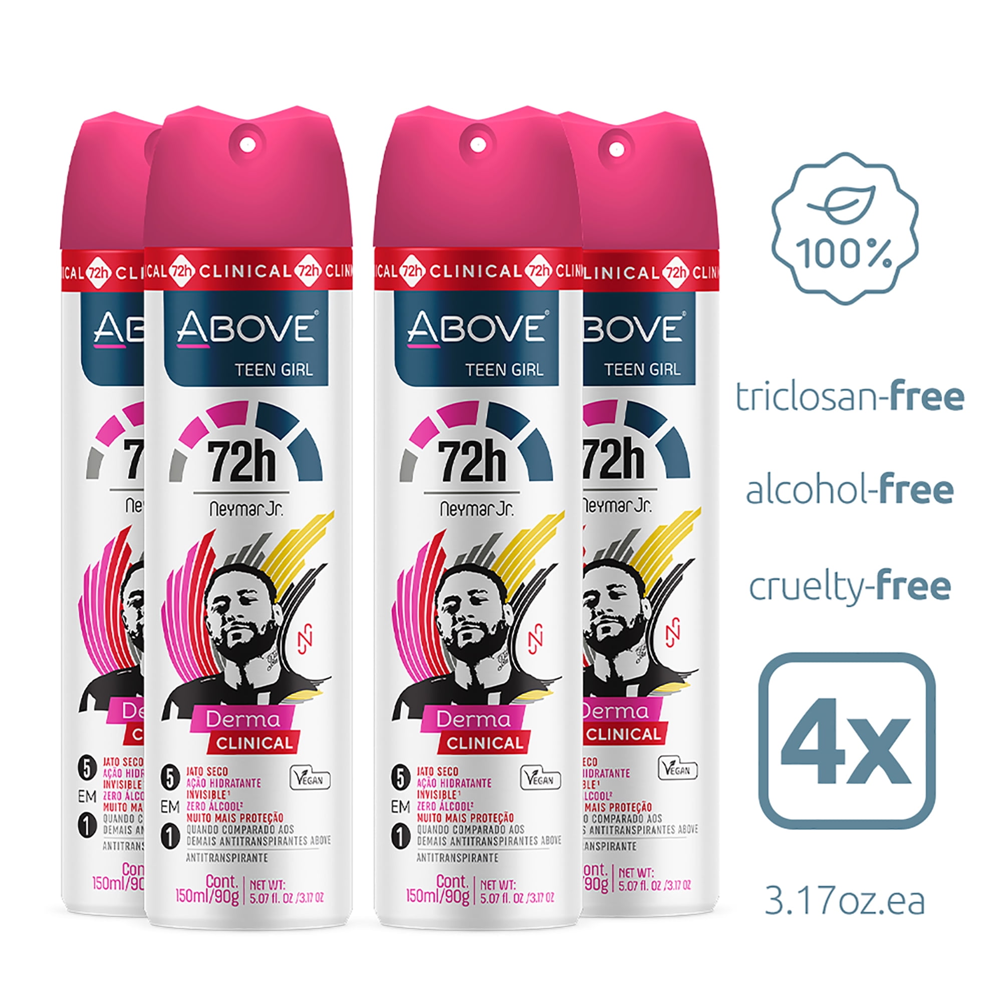 ABOVE Neymar Jr Teen Girl - 72 Hours Derma Clinical Antiperspirant Deodorant Spray - Notes of Red Fruits, Vanilla, and Fig Leaves - Moisturizing Action - Protects Underarms - 4 pc Set