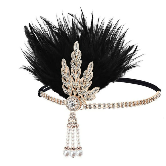 Gortin Diadema de plumas estilo flapper de los años 20, tocado Art Deco del Gran Gatsby, medallón de hojas inspirado, diadema de perlas, tocado de novia, boda, diamantes de imitación, accesorio para e