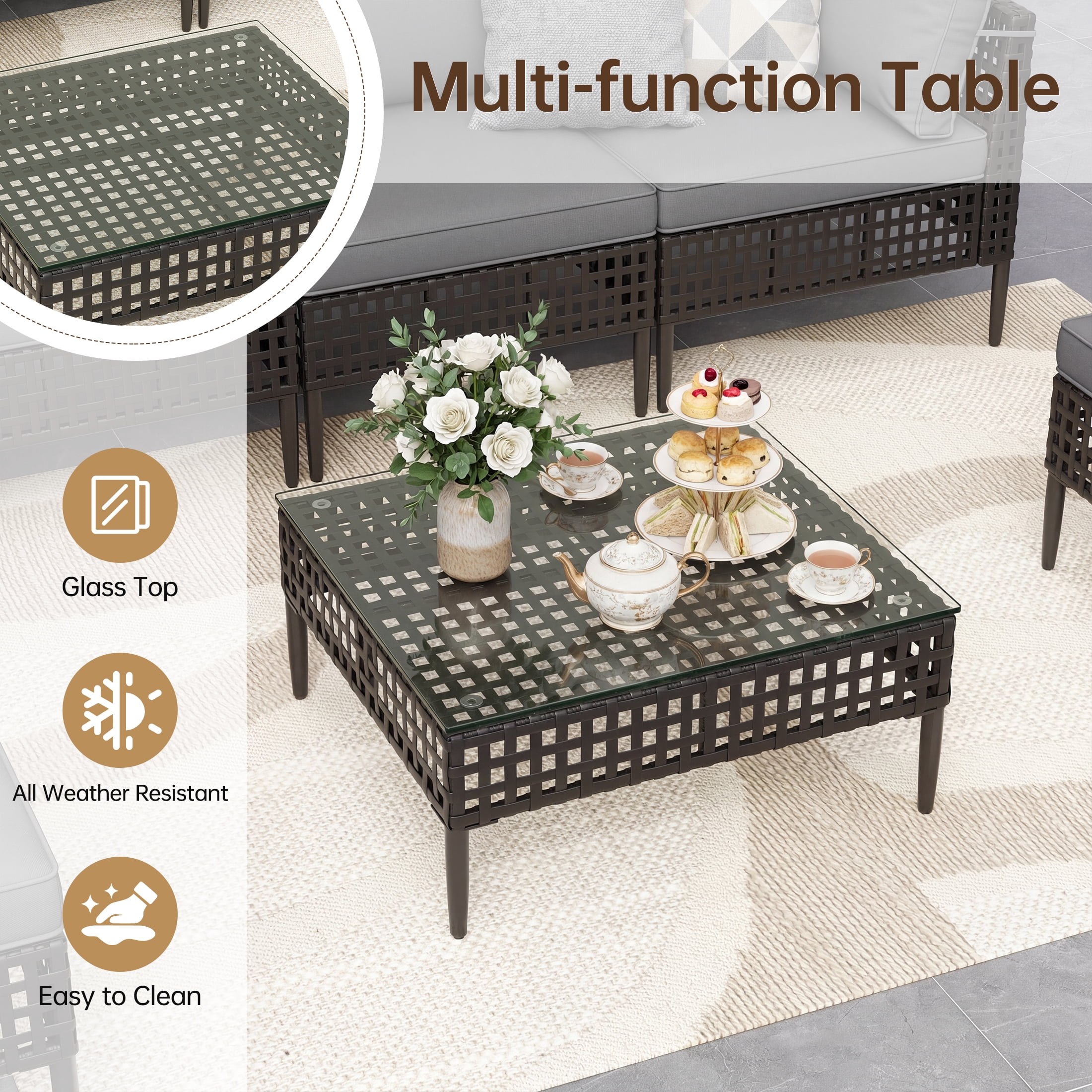UDPATIO 7 Piece Wicker Patio Furniture Set, Outdoor Conversation Set， Sectional Sofa with Glass Coffee Table， Outdoor Sofa for Porch, Backyard, Black&Gray