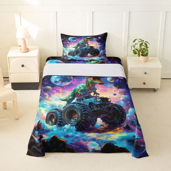 Homewish Dinosaur Monster Truck Twin Sheets,Vintage Animal Bedding,Blue Purple,3pcs,1 Fitted Sheet and 1 Pillowcase