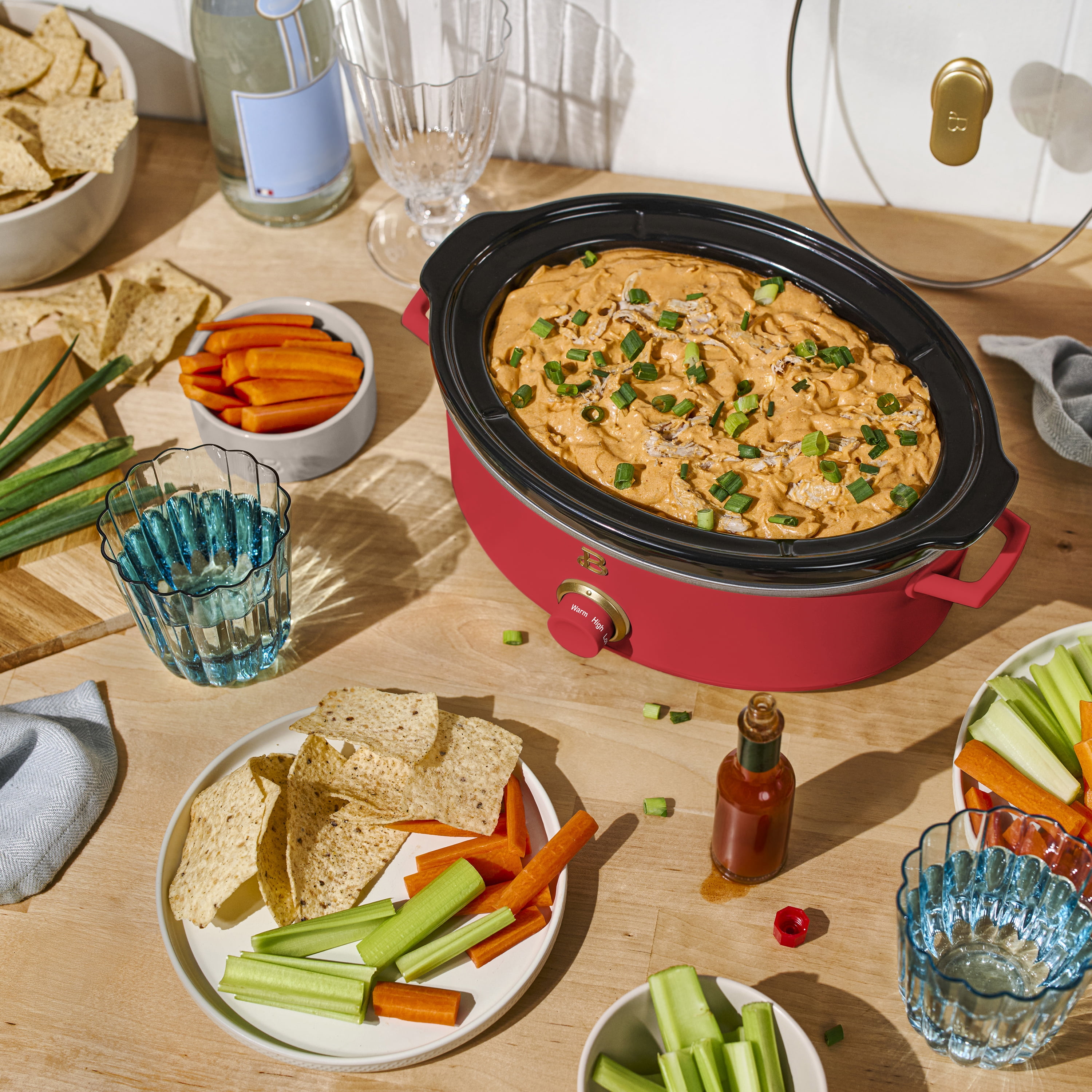 Beautiful 2.5 Qt Dip and Serve Manual Slow Cooker, Tomato Red by Drew Barrymore
