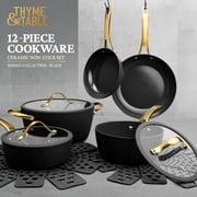 Thyme & Table 12-Piece Non-Stick Signature Ribbed Cookware Set, Pots and Pans Set - Black & Gold