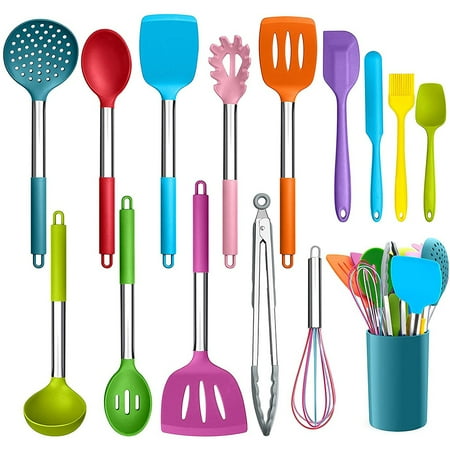 

VeSteel 15-Piece Kitchen Cooking Utensils Set with Holder Silicone Kitchen Tools Stainless Steel Handle Slotted Spatula Spoon Turner Tong Whisk Brush for Cooking Colorful