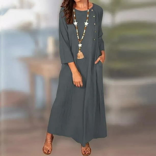 Maxi Dresses for Women Round Neck 3/4 Sleeve Solid Summer Trendy Long Dress Casual Button Down Loose Cotton Linen Long Dresses with Pocket Gray m