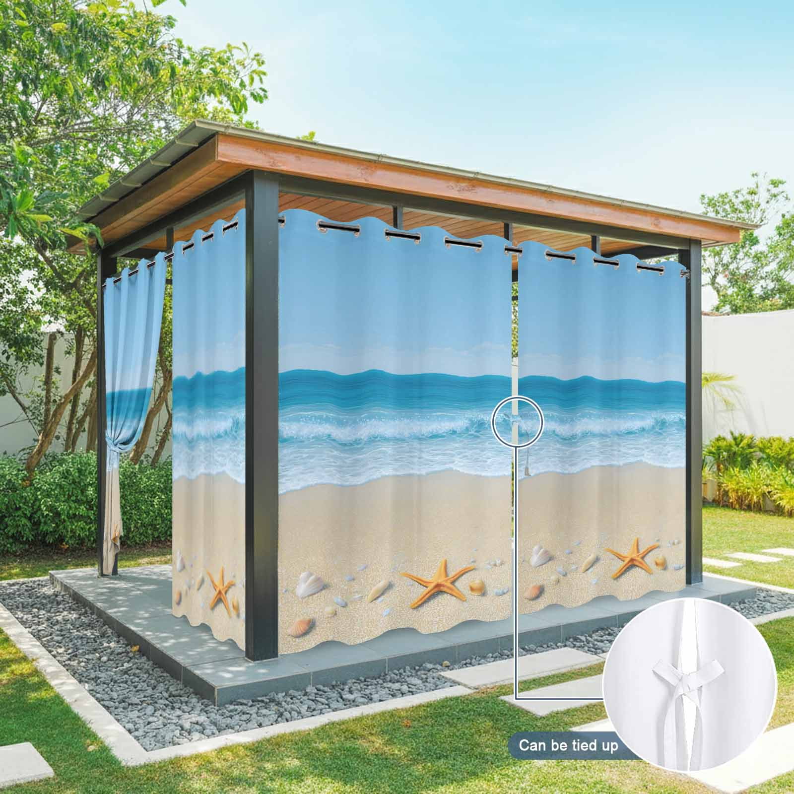 Summer Beaches Outdoor Curtains for Patio, Oceans Shells Starfish Conch Coastal Landscape Sunshade Privacy Drapes Grommet Waterproof Outside Curtains for Porch/Cabana/Balcony 54"x 108", 1 Panel