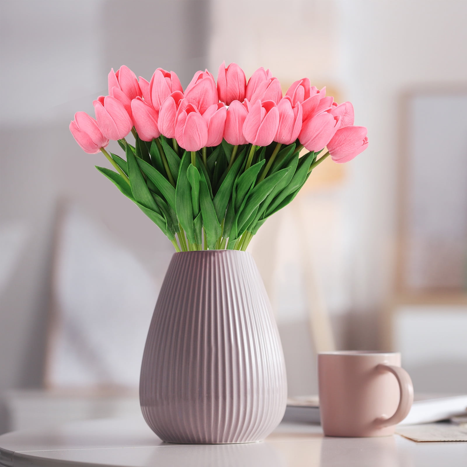 Unique Bargains Fake Tulips Flowers PU Artificial Tulips Real Touch with Stems 24Pcs Pink
