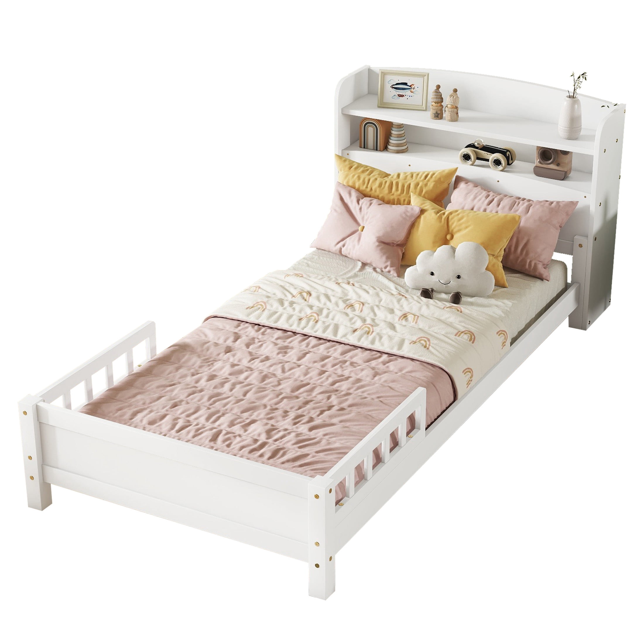 Noble House Strong Twin Bed, Pine Wood Frame with Bookcase Headboard, Guardrails & LED Motion Sensor Light, White