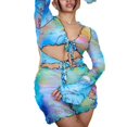 thumbnail image 2 of PENGXIANG Robe Mini Boho en Maille pour Femmes Imprimé Papillon Manches Longues Col en V Profond Robe Moulante à Lacets, 2 of 9