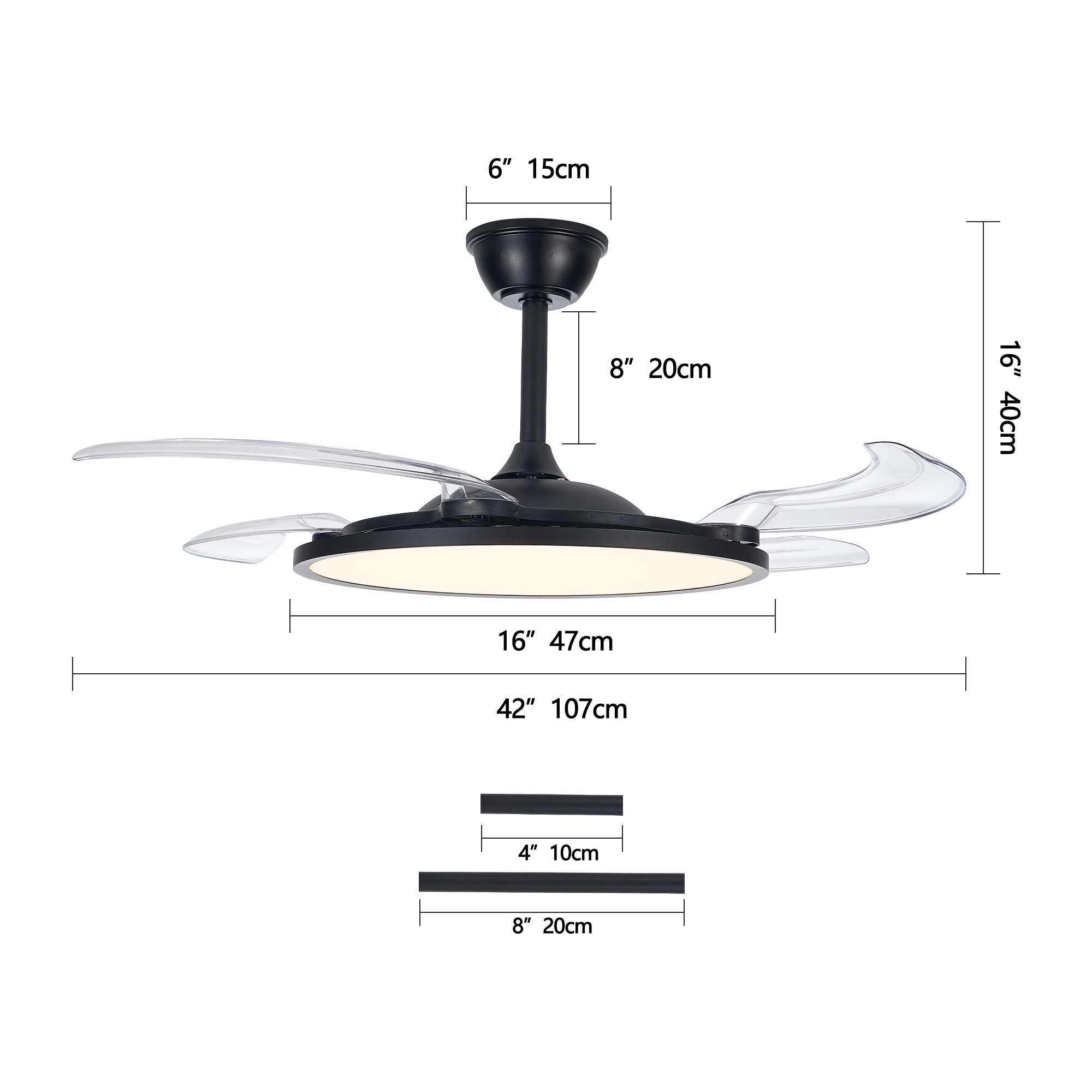 Leumius Retractable Ceiling Fans with Lights,42" Ceiling Fan with Light and Remote Control,Flush Mount,DC Reversible,3CCT,Low Noise,Black Ceiling Fan for Bedroom,Living Room,Kitchen