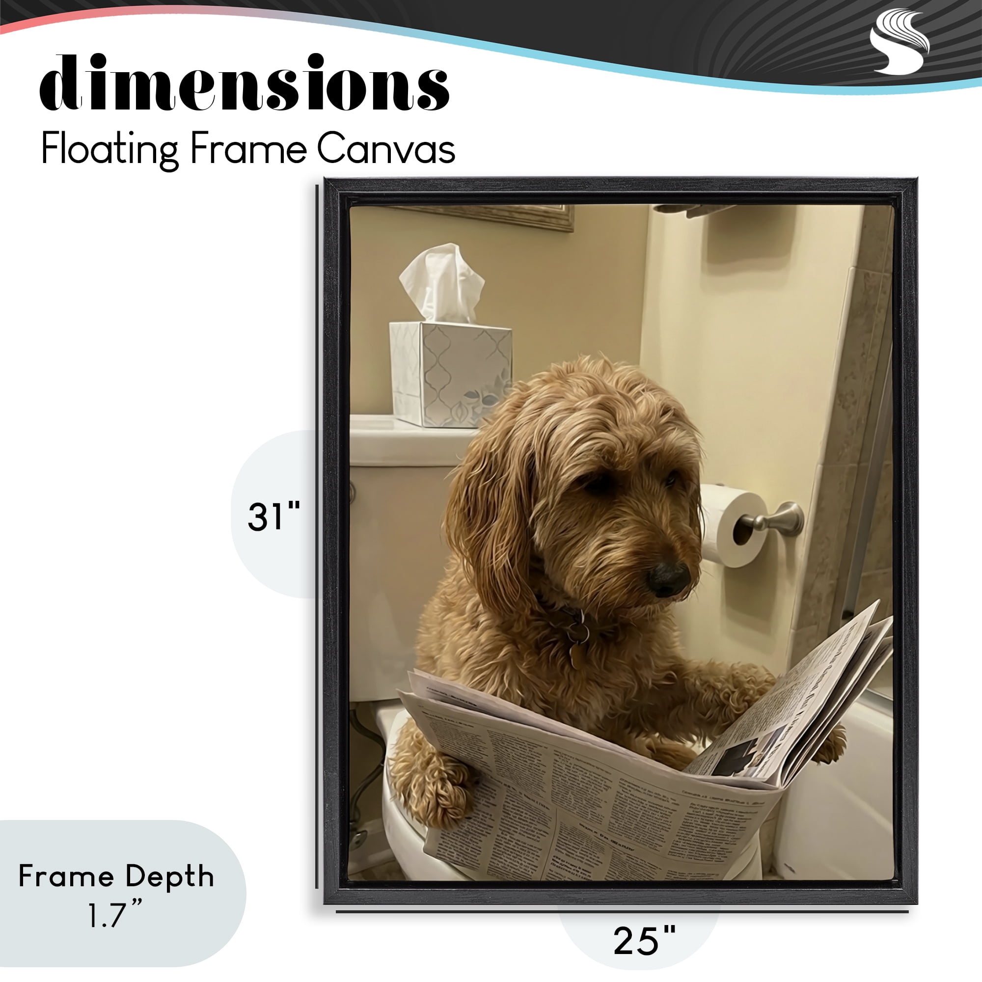 Stupell Industries Dog & Paper on Toilet Black Framed Floater Canvas Wall Art, design by Abigail Walker