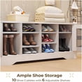 thumbnail image 4 of Hall Tree with Bench and Shoe Storage, 5-in-1 Entryway Bench with Coat Rack, 10 Shoe Cubbies & 9 Coat Hooks, Barn Door & Adjustable Shelf (Embossed White), 4 of 9