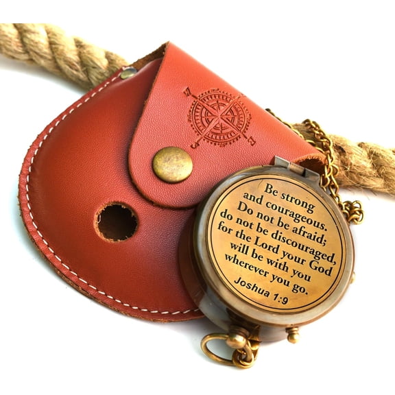 Be Strong and Courageous (Joshua 1:9) Brass Compass with wooden Box-Engraved Scripture Prayer Compass Religious Gift for Men & Women - Baptism, Confirmation, Communion Compass for Boys Graduation Gift