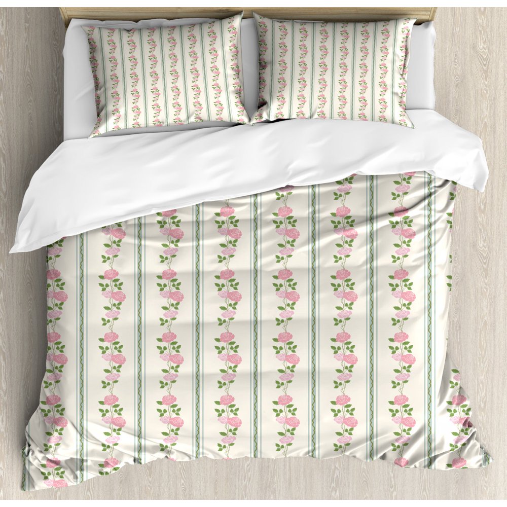 Floral Duvet Cover Set, Country Flower Roses Buds Swirls with White