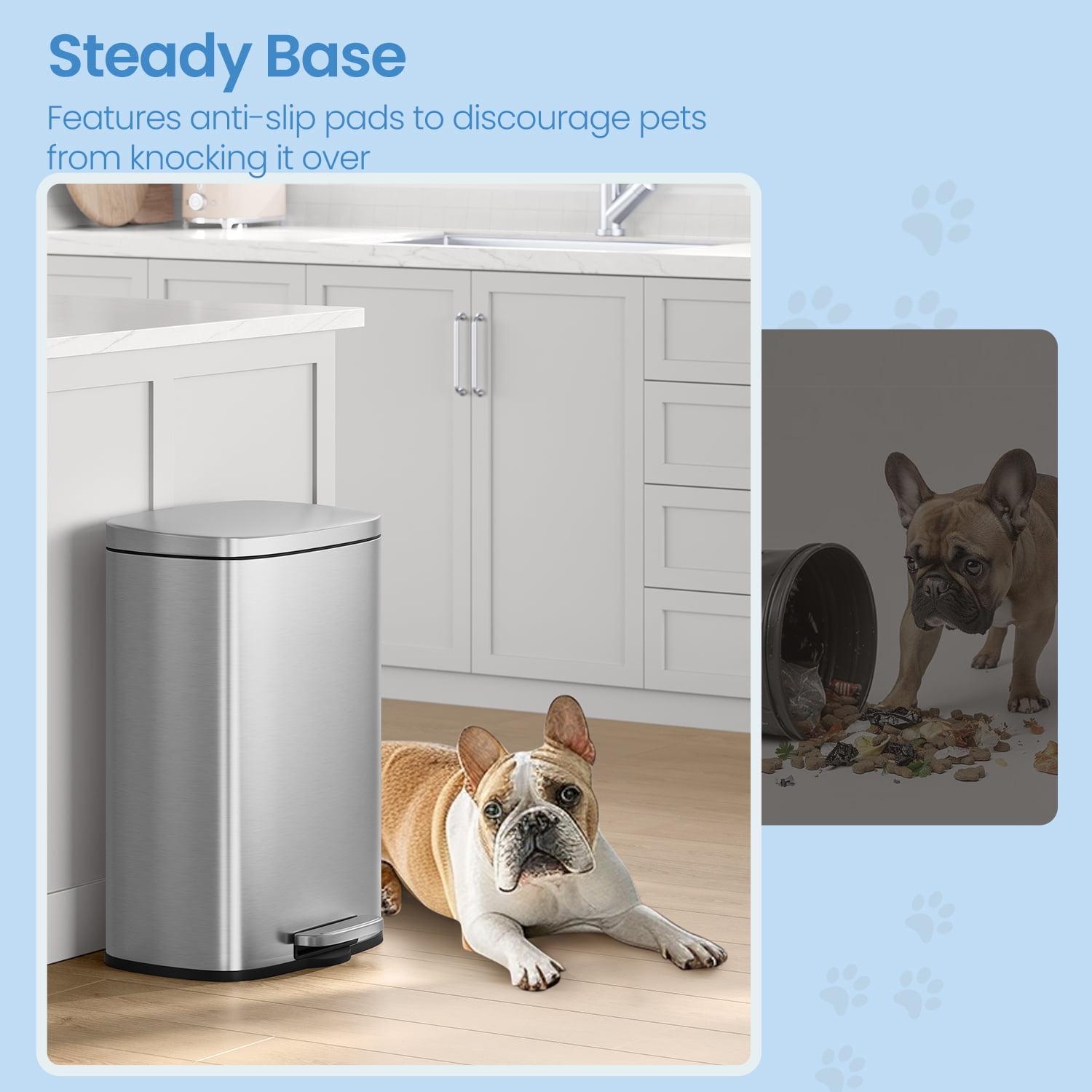 LEDREM Stainless Steel 13 Gallon Step Trash Can , Soft-Close Lid with Odor Seal & Inner Bucket , Kitchen Recycling Bin ,Silver
