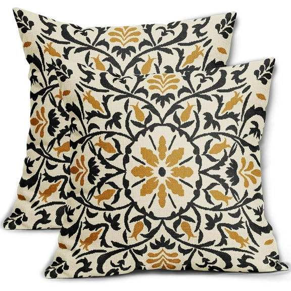 Ryan; Black Mustard Yellow Boho Pillow Covers 18x18Inch Bohemian Ethnic Carpet Style Vintage Flower Print Decorative Throw Pillows Outdoor Cushion Case Farmhouse Decor for Sofa Bed Set of 2