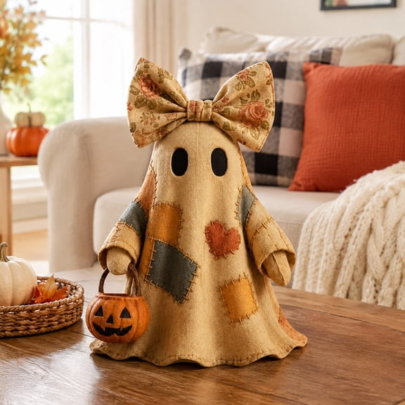 Halloween Light Up Patchwork Ghost Decor, 25.6 Inch Handmade Stuffed Ghost with Vintage Floral Bow and Mini Pumpkin Bucket, Cute Rustic Halloween Tabletop Ornament for Indoor Home Party Holiday