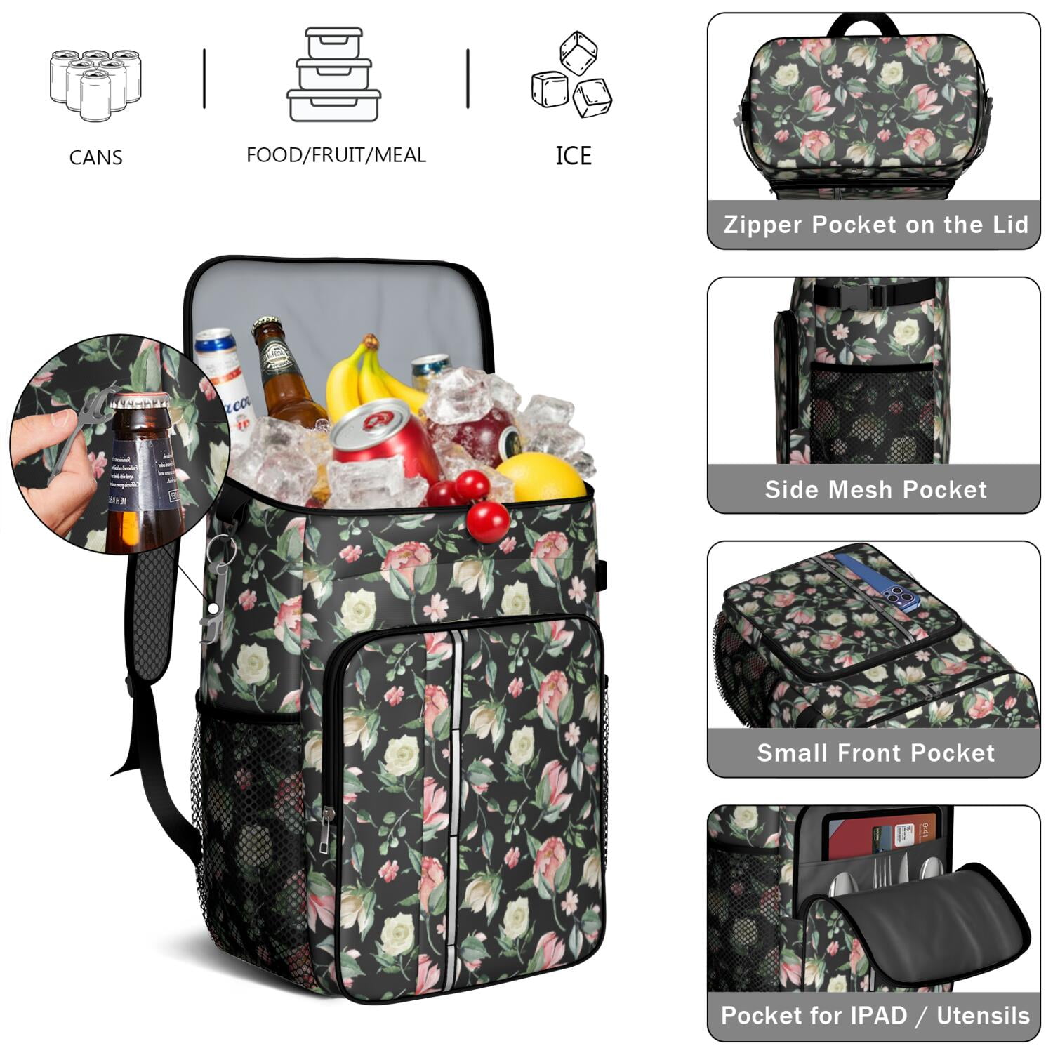 Travel Cooler Bag - Pioneer Flower Camping Beer Cooler Backpack with Bottle Opener- Waterproof Insulated Picnic Backpacks - Cooler Bag for Beach