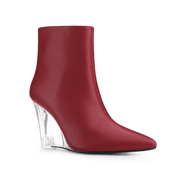 BLISSFUL STEP Bottines à Talon Compensé à Bout Pointu à Talon Transparent pour Femmes Rouge (Taille 7)