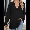 thumbnail image 4 of Camisa Henley de Larga para Mujer, Cuello en V, Suéteres Casuales Elegantes, Ropa de Moda para Otoño. Negro M, 4 of 10