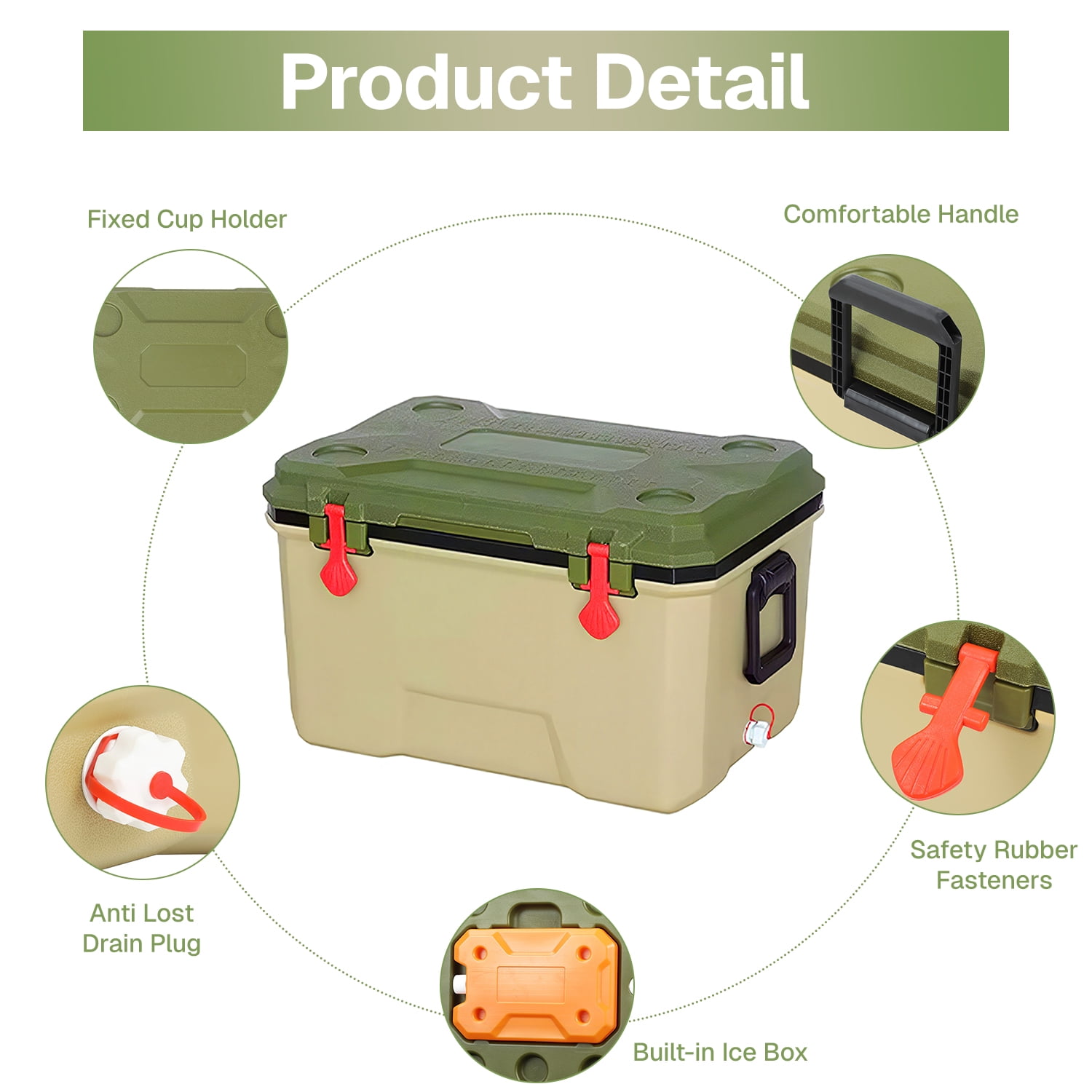 BN-LINK 38Qt Hard Cooler, Portable Ice Chest Cooler with Insulation for Camping, Picnic, Fishing, Boating, Travel, 48 Can Capacity,Green