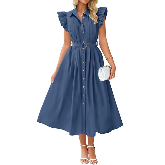 Vestido ZESICA 2025 para verano, bohemio, con botones, cuello en V, cuello en V, azul marino, mujer