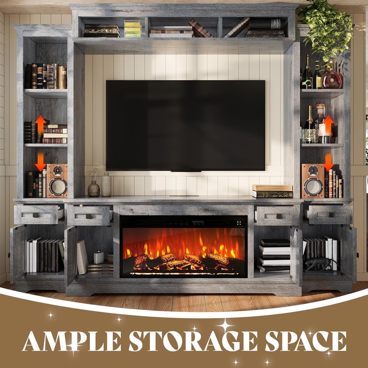 Merluxy Farmhouse TV Stand with Fireplace,Power Outlets,Bookshelves & Wine Cabinet for 78" TVs,Grey