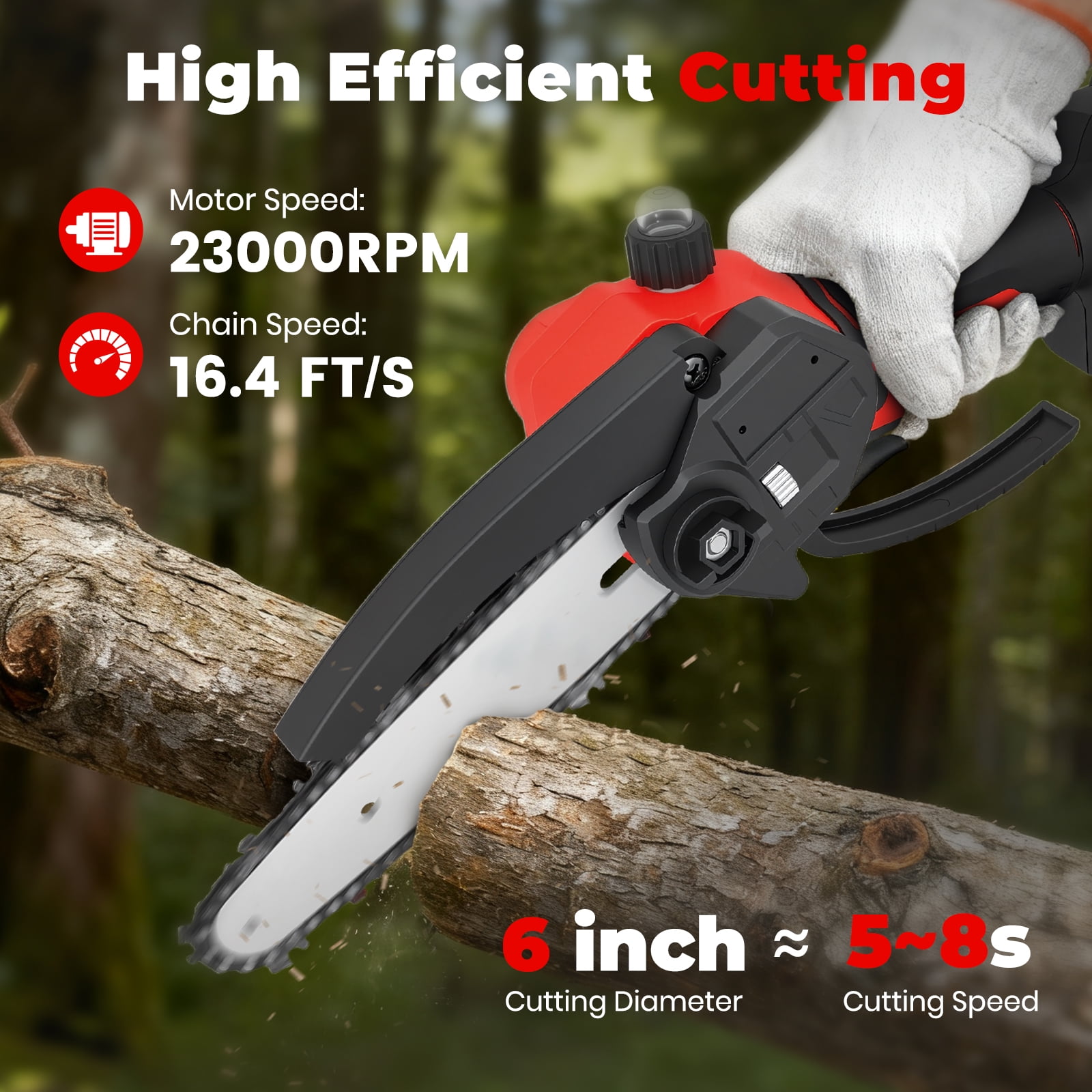 BAOKALER Mini Chainsaw, 4 & 6 inch Handheld Electric Chainsaw with 2×2.0Ah Batteries and 3 Chains for Tree Trimming Wood Cutting, Red