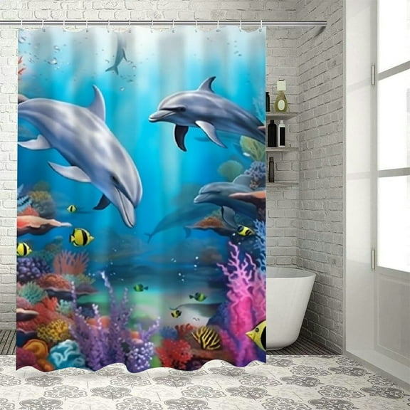 BCIIG Dolphins Coral Reef Fish Bathroom Decor Set with Hooks, Colorful Luxurious Graphic Print Polyester Fabric Shower Curtain Set, Modern Chic Waterproof Bathroom Decor 36"x72
