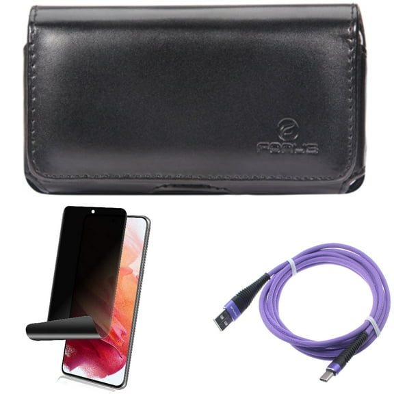 10ft USB Cable & Privacy Screen Protector & Case Belt Clip for Samsung Galaxy S22 (6.1") - Purple Type-C & TPU Film Fingerprint Works & Leather Swivel Accessory Bundle