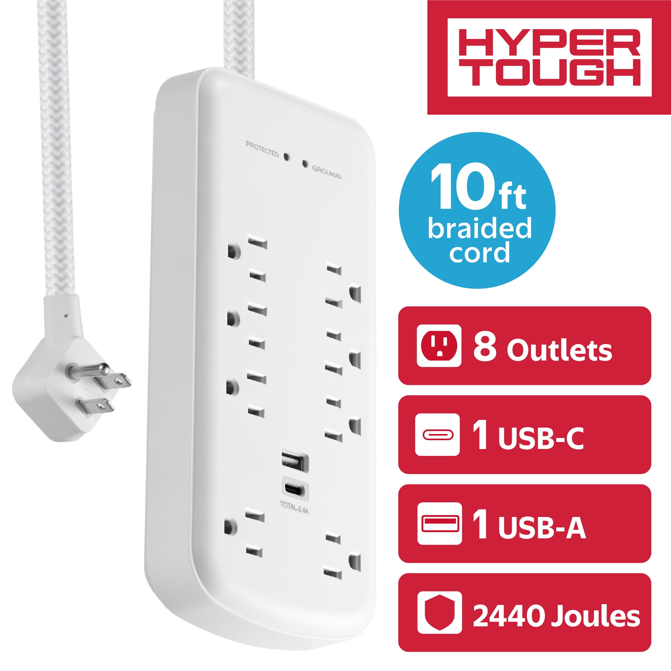 (2 pack) Hyper Tough Surge Protector Power Strip with USB-A, USB-C, 8 Outlets, 10ft Extension Cord, White